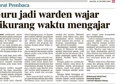 Guru Jadi Warden Wajar Dikurang Waktu Mengajar Bh 10 Oktober 2019